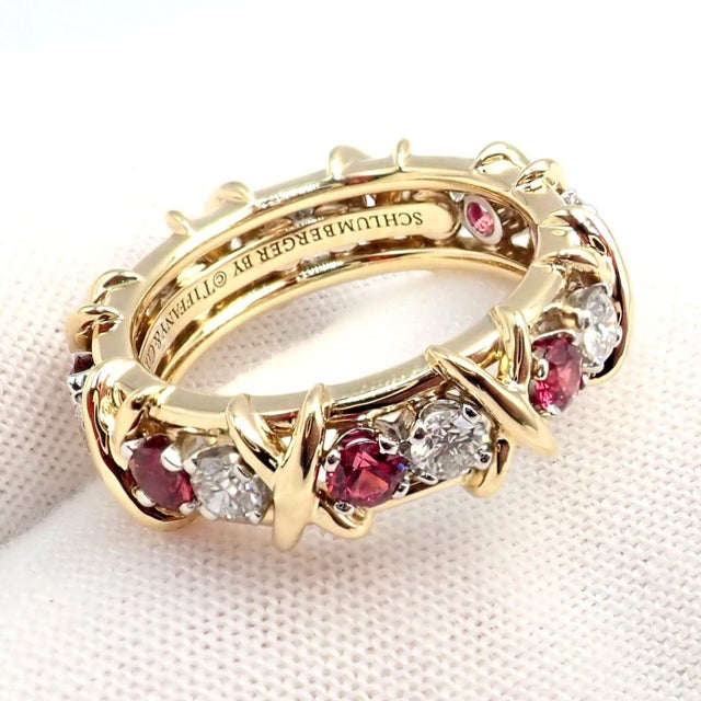 Metal Tiffany & Co Schlumberger Gold Platinum 16 Stone Diamond Ruby Band Ring, Size 5 For Sale - Image 7 of 14