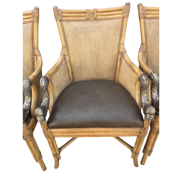 Beige Set of 4 Asian Chinoiserie Faux Bamboo Armchairs With Sculptural Metal Fish Motifs For Sale - Image 8 of 17