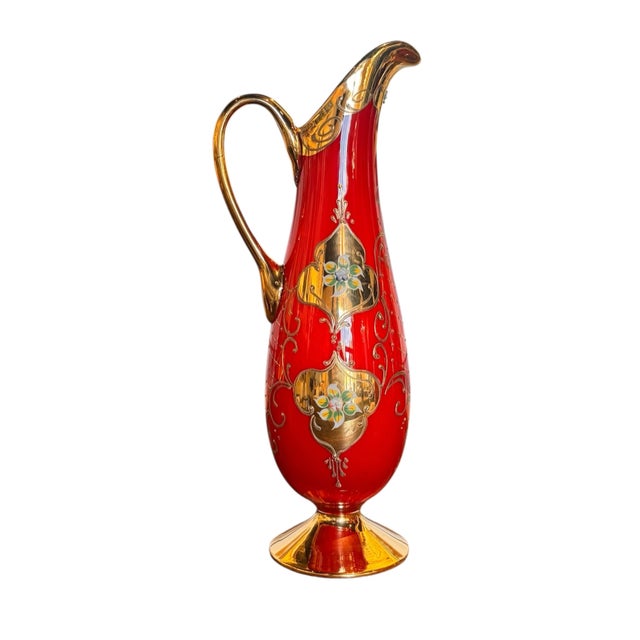 Mid 20th Century Mid 20th Century Bohemian Hand-Enameled Cased Glass Pitcher & Goblet Set With Ornate Gold Overlay - 7 pcsc For Sale - Image 5 of 11