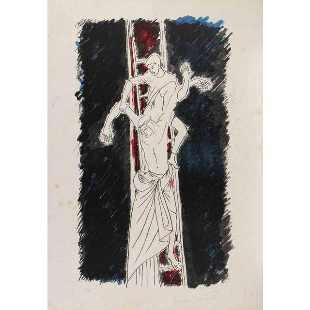 This refined lithograph by Carlo Canestrari presents an enigmatic scene in which two stylised figures appear suspended...