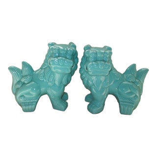 Pair Vintage Turquoise Chinese Jingdezhen Porcelain Foo Lions 9.5" For Sale