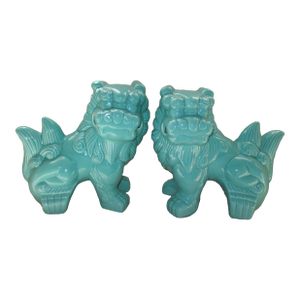 Pair Vintage Turquoise Chinese Jingdezhen Porcelain Foo Lions 9.5"