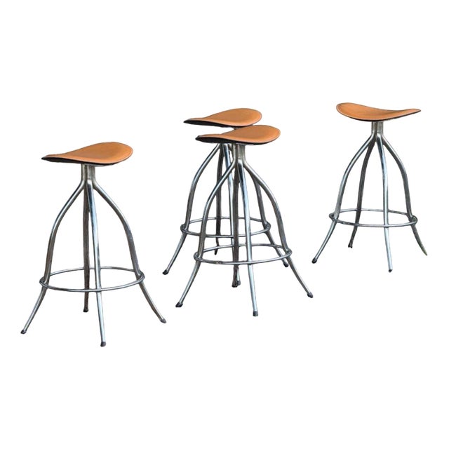 Brown Leather Bar Stools from Arrben, 1980s, Set of 4 For Sale
