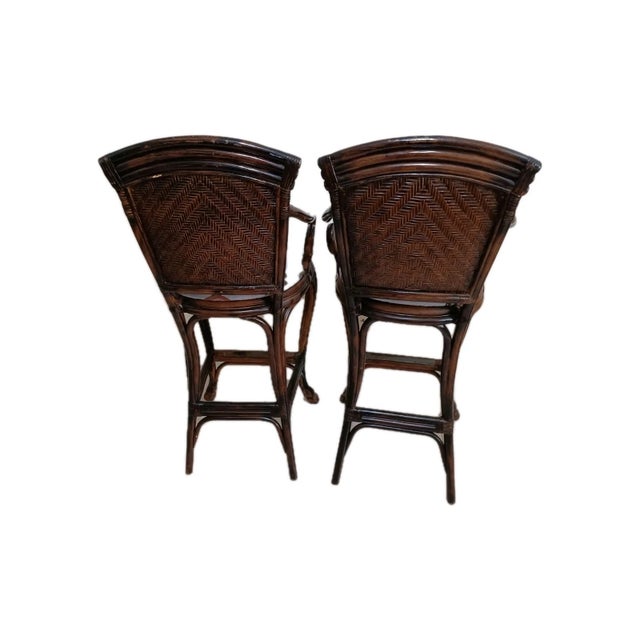 Late 20th Century Bamboo Arm Barstool Not Swivel Upholstered Seat Dark Tone Set of 2 For Sale - Image 4 of 7