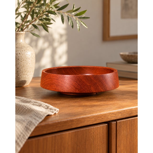 Sculptural vintage wooden bowl dating from approximately the 1960s. the bowl has a low, broad profile with a gently...