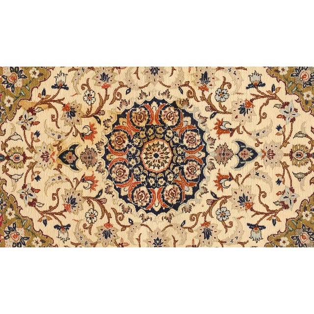 Mid-Century Modern 1940s Small Ivory Medallion Mid Century Modern Isfahan Silk Handknotted Wool Rug For Sale - Image 3 of 3