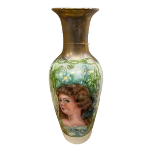 1930s Limoges Style Hand Painted Porcelain Vase with Portrait of a Young Lady