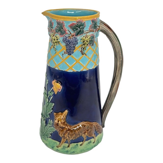 A Bwm Majolica Jug Depicting 'The Fox and the Grapers' Aesop's Fable, Ca. 1876 For Sale
