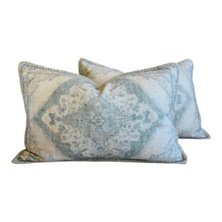 Italian Floral Blue-Gray Light-Teal Feather/Down Pillows 24" X 16" - Set of Two For Sale