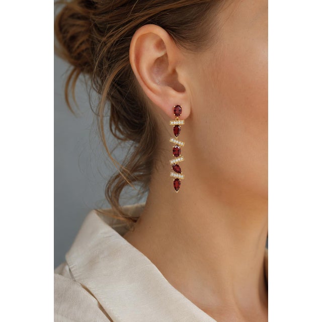 Modern Modern Geometric Garnet Drop Earrings, Silver, Gold, Pair For Sale - Image 3 of 10