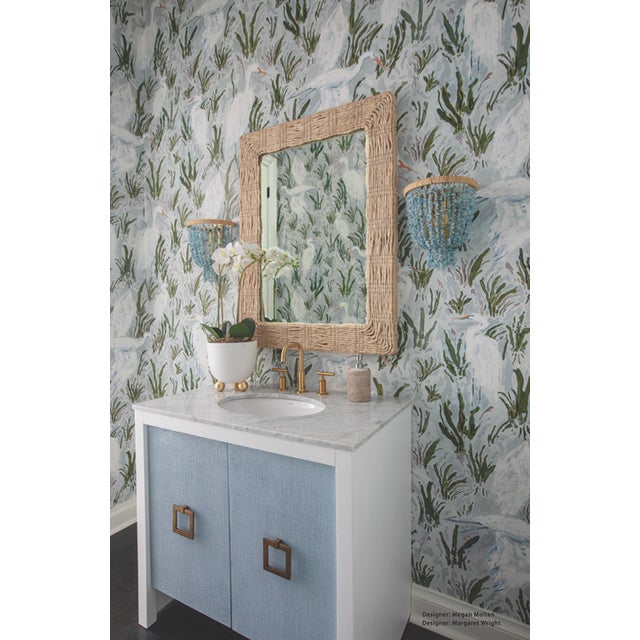Contemporary Matthew Izzo Home April Single Porcelain Sink Bath Vanity With Textured Light Blue Linen, Matte White Lacquer and Brass Hardware For Sale - Image 3 of 9