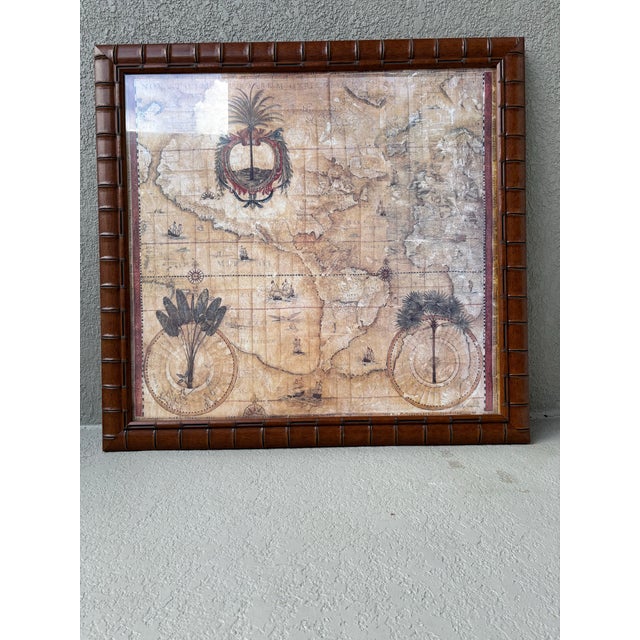 Vintage Winn Devon "Nova Totius" Framed Decorative Map Print in Faux Bamboo Wood Frame | British Colonial Coastal Wall Art For Sale - Image 4 of 13