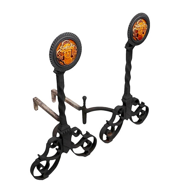 Metal Aesthetic Movement Wrought Iron andJ. And j.g. LowTile Andirons C. 1880's For Sale - Image 7 of 12