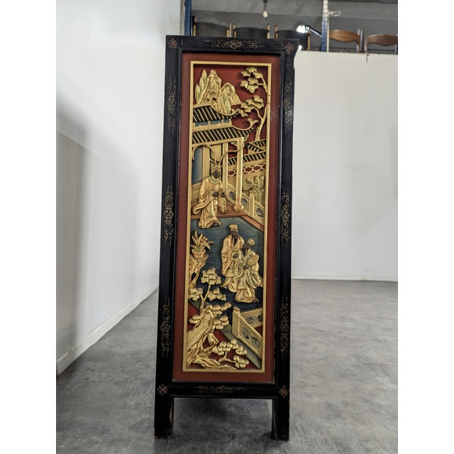 Brown Asian Cabinet with Polychrome Sculpted Panels For Sale - Image 8 of 9