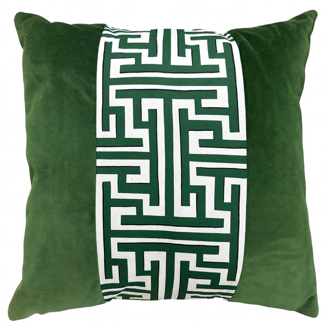 Stunning emerald green velvet pillow by Lacefield Designs, accentuated by a pretty fretwork stripe down the center....