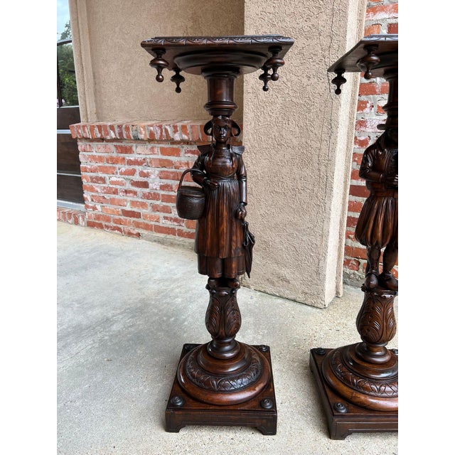 Antique French Breton Pedestal Stands Pair Carved Figural Display Brittany C1900 For Sale - Image 14 of 18