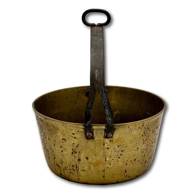 Unusual Mid 1800s Antique Heavy Brass & Hand Wrought Iron Fireplace Hearth Hanging Cooking Pot For Sale In Boston - Image 6 of 18