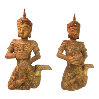 19th Century Teak Carved Large Gilt Siamese Figures - a Pair For Sale