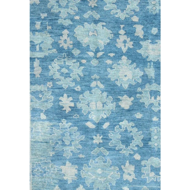 Hand-Knotted Modern Oushak Rug in Wool With Sub-Geometric Floral Design in Blue Tones For Sale - Image 4 of 7