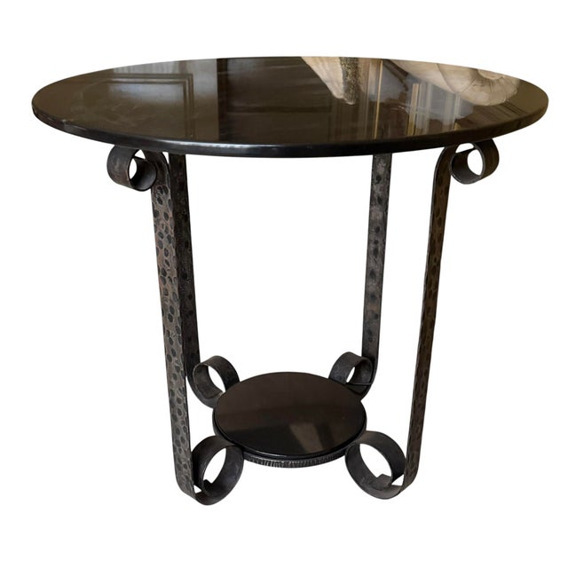 Art Deco Edgar Brandt Style Wrought Iron Black Marble Tulip Side Table - 1 of 2 Available.
