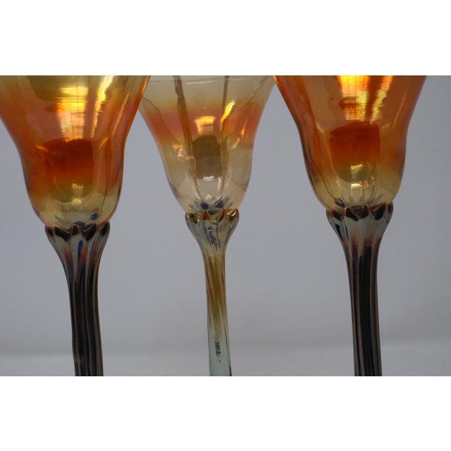 Amber Late 20th Century Rick Strini Signed Iridescent Amber & Cobalt Tulip Art Glass Goblets, Set of 3 For Sale - Image 8 of 18