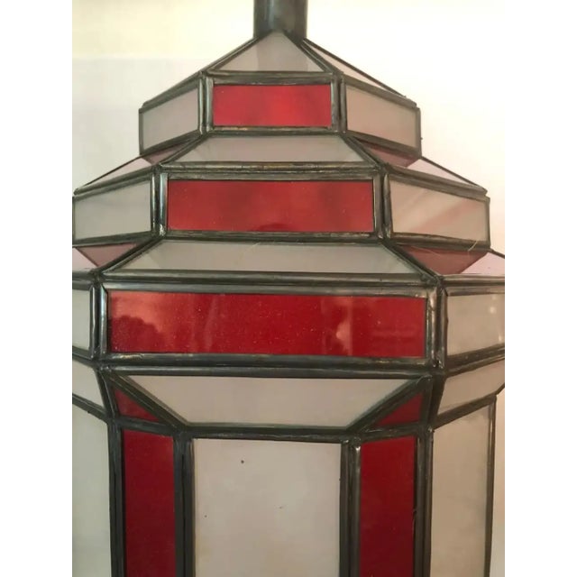 1990s Art Deco-Style White Milk & Red Glass & Bronze Chandelier, Pendant or Lantern For Sale - Image 10 of 18