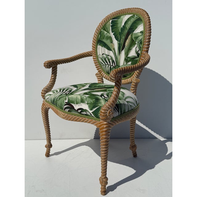 Michael Taylor 1980s Pair of Faux Bois Tropical Regency Rope and Tassel Arm Chairs For Sale - Image 4 of 12