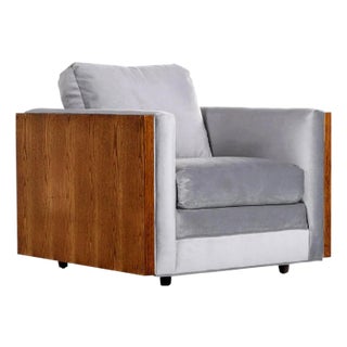 Restored 1970s Milo Baughman Style Gray Cube Chair With Wood Sides For Sale