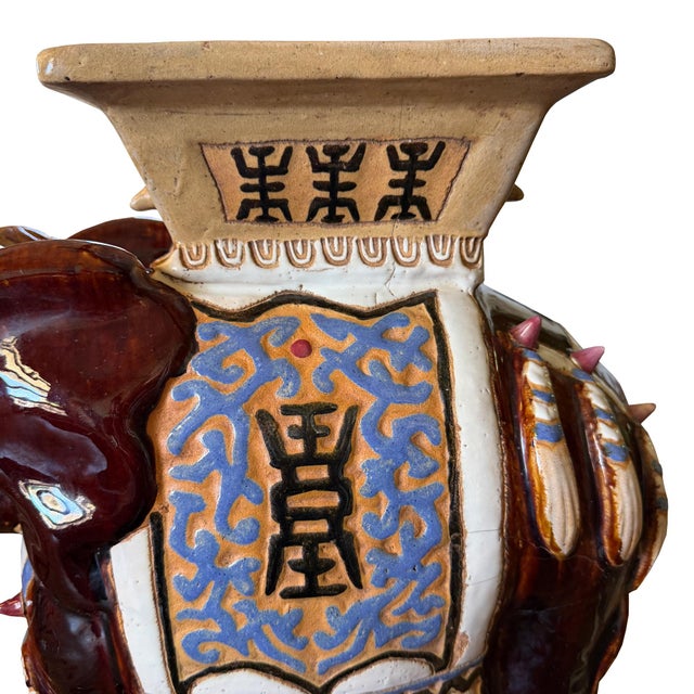 Ceramic Mid 20th Century Large Lucky Chinoiserie Elephant Plant Stand in Oxblood and Polychrome Glaze For Sale - Image 7 of 9