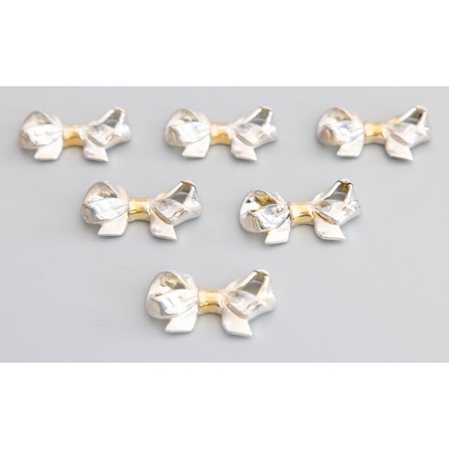 Mid 20th Century Vintage Boxed Set of French Silver & Gold Bows Place Card Holders - Set of 6 For Sale - Image 5 of 8