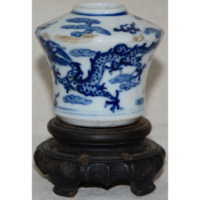 Blue and White Asian Ceramic Art Piece With Wooden Stand For Sale - Image 4 of 12