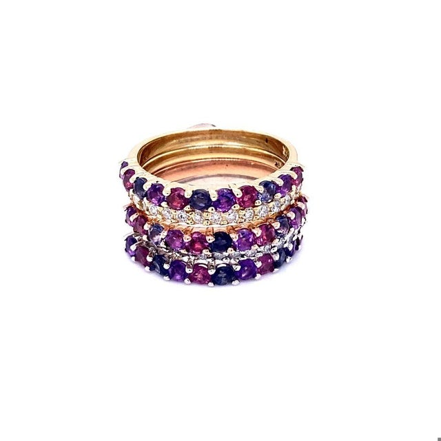 2.74 Carat Gemstone and Diamond Gold Stackable Bands, Size 7 For Sale - Image 4 of 11