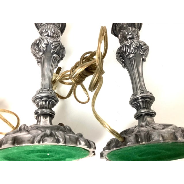 Metal Pair Early 20th Century Silver Pewter Candlestick Lamps For Sale - Image 7 of 9