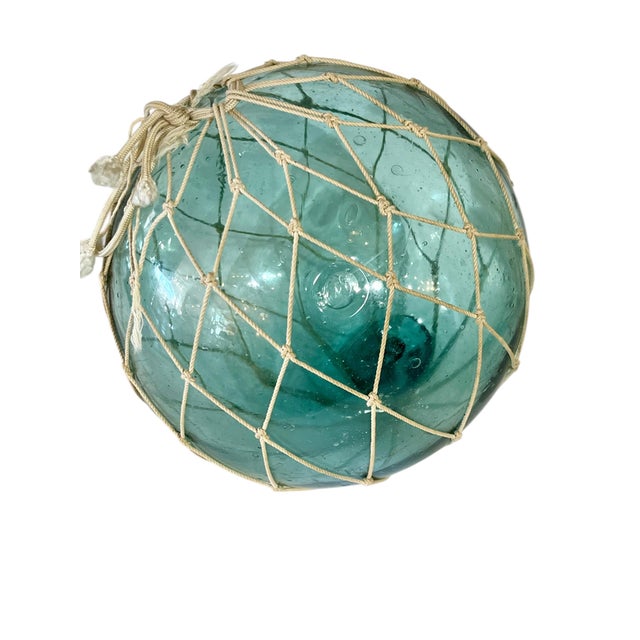 Vintage Japanese Fishing Float Buoy Hand Blow Blue Glass For Sale - Image 4 of 7