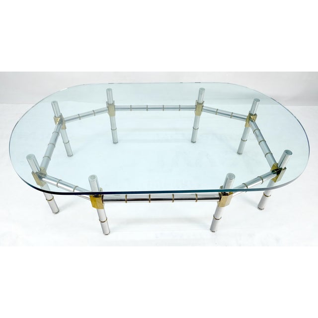 1970s Brass & Chrome Faux Bamboo Base 3/4" Thick Oval Glass Top Coffee Table For Sale - Image 5 of 12