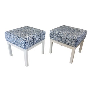 Pair of Classic Low Stools in Hand Block Printed Fabric by Ralph Lauren For Sale