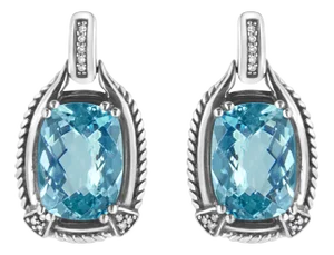 .925 Sterling Silver 14x10MM Cushion Cut Blue Topaz Gemstone and Diamond Accent Dangle Earring (I-J Color, I1-I2 Clarity) - 2 Pieces