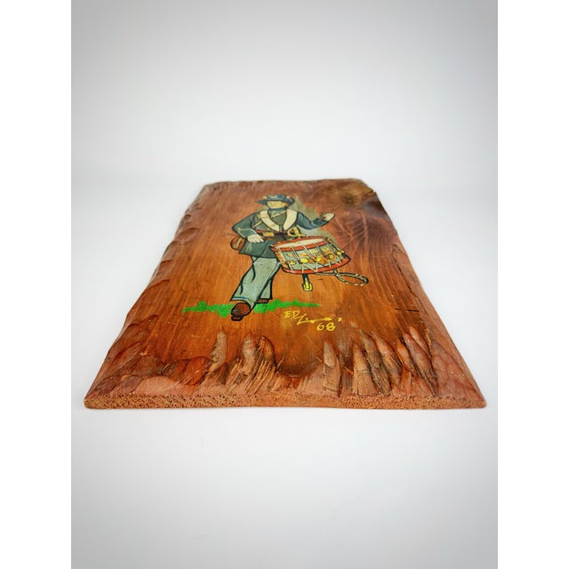 American Folk Art - Civil War Union Soldier Drummer Boy Painting on Hand Hewn Wood - Artist Signed 1968 For Sale In Atlanta - Image 6 of 10