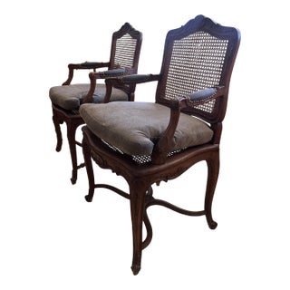Pair of Louis XV–Style Caned Back Armchairs For Sale