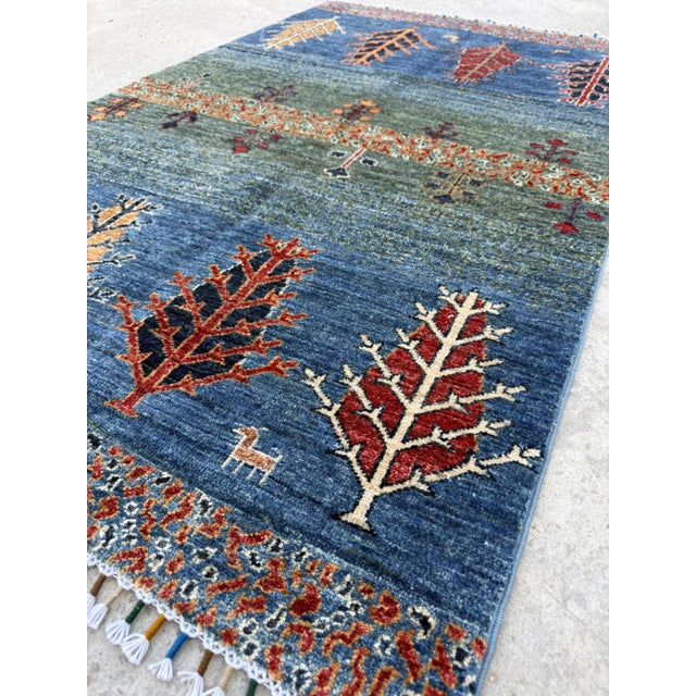 Tribal Gabbeh Tribal Area Rug, Hand-Knotted Wool, Trees, 3x5, Blue & Green For Sale - Image 3 of 10