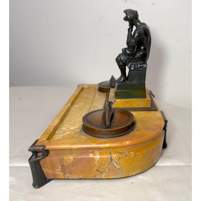 Metal Antique French Solid Siena Marble Bronze Lorenzo De Medicis Statue Desk Inkwell For Sale - Image 7 of 18