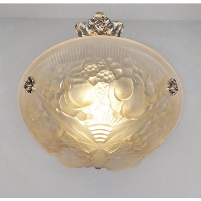 Muller Frères Muller Freres French Art Deco Pendant Chandelier 1920s - Peach Frosted Glass & Nickeled Bronze For Sale - Image 4 of 9