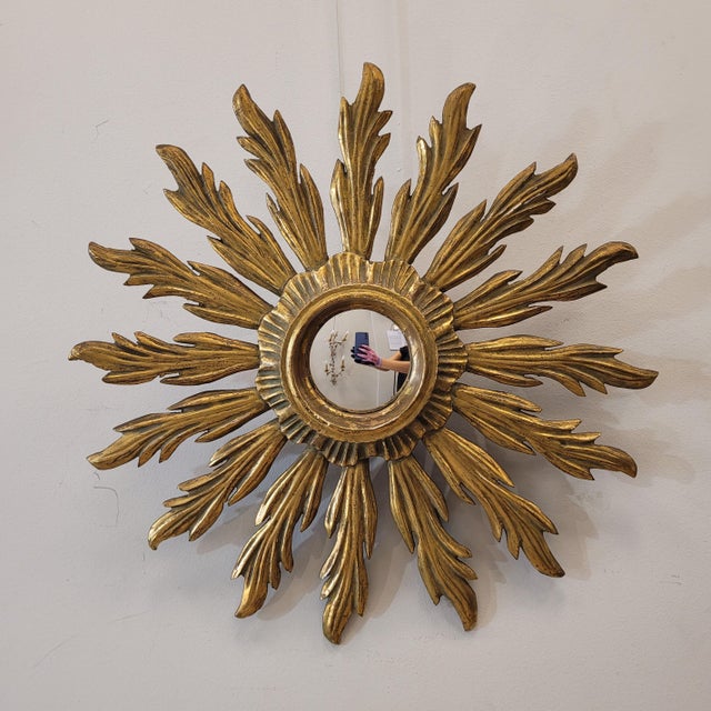 Wood French Sun Mirror with Convex Glass in Gilded Wood For Sale - Image 7 of 18