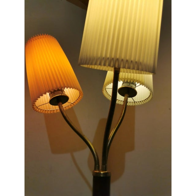 typical 50s design from the GDR; Triangular base made of solid marble, turned lamp stand made of beech, the lampshades are...