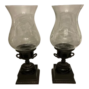 Pair of Classical Capana Bronze Urns With Hurricane Globes