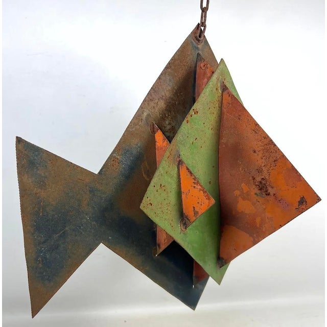 1960s Mid Century Modern Kinetic Metal Hanging Fish Sculpture With Painted Enamel Fins For Sale - Image 5 of 9