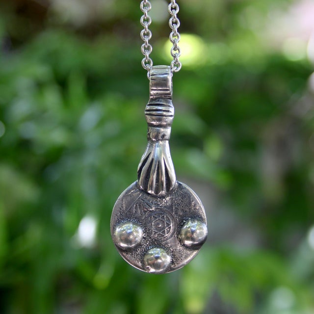 Silver Sterling Silver Vintage Berber Coin Pendant With Hand From Morocco For Sale - Image 8 of 8