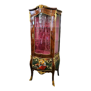 Louis XV Style Curio Display Cabinet With Velvet Interior & Hand-Painted Drawer Panels