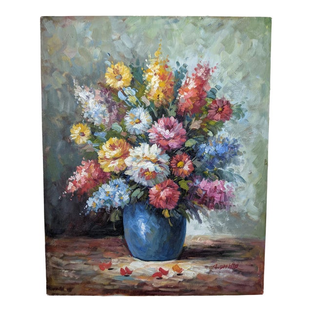 Mid 20th Century Impressionist Still Life Floral Bouquet Oil Painting Signed For Sale