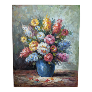 Mid 20th Century Impressionist Still Life Floral Bouquet Oil Painting Signed